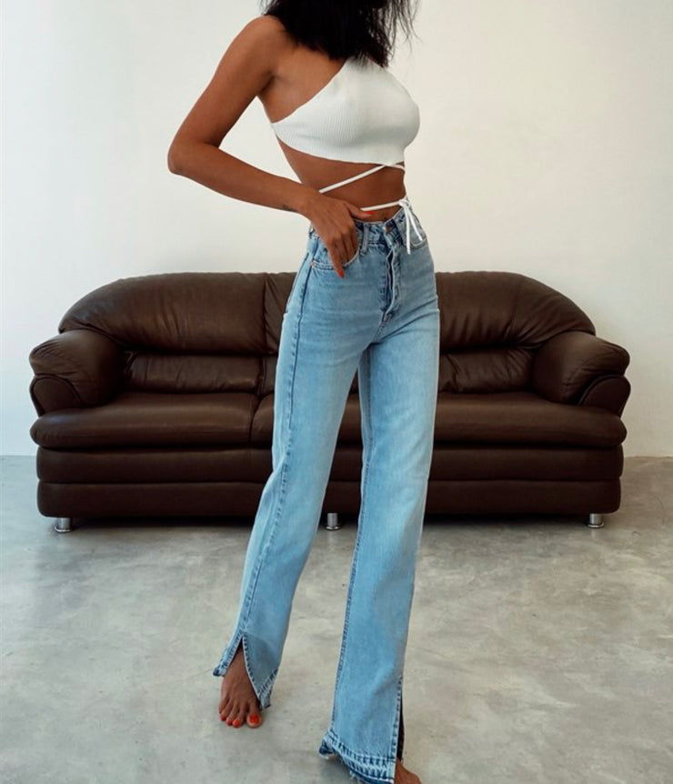 Side Split Hem Light Blue Jeans